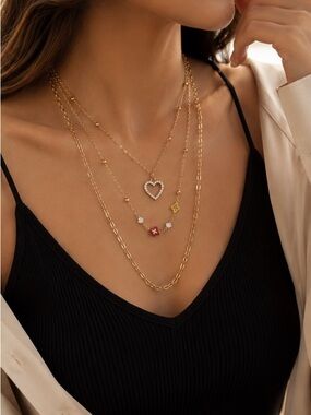 Gold Layered Heart & Flower Charm Necklace Set